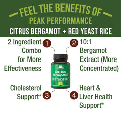 Peak Performance bergamot and red yeast rice label shows the 2-in-1 formula.