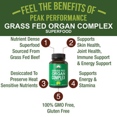Peak Performance Beef Organ Complex bottle label highlights grass-fed NZ origin and quality.