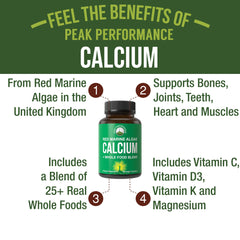 Peak Performance calcium capsules closeup—synthetic-free plant calcium with essential vitamins