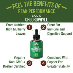 Bottle of Peak Performance Chlorophyll Drops being poured into water for daily use
