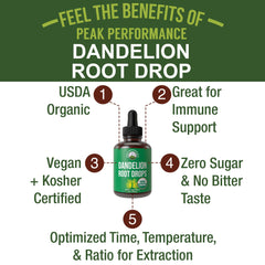 Dropper pours Peak Performance Dandelion Root Extract drops for quick immune and digestion support.