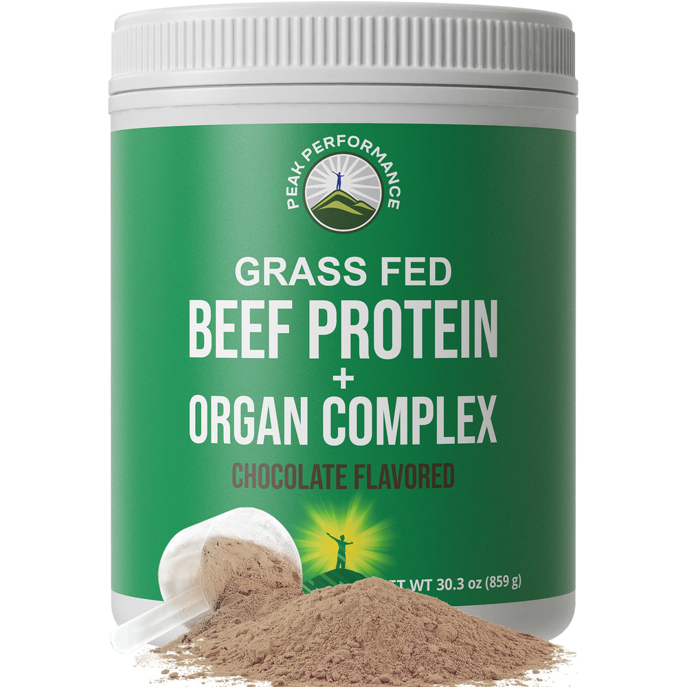 Peak Performance grass-fed beef protein bottle highlighting dairy-free formula and protein-rich content