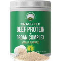 Peak Performance grass-fed beef protein powder bottle for post-workout recovery.