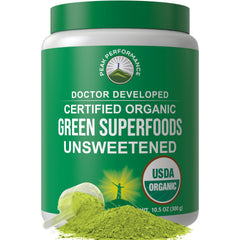 Peak Performance greens powder tub showcasing a premium organic blend for daily energy.