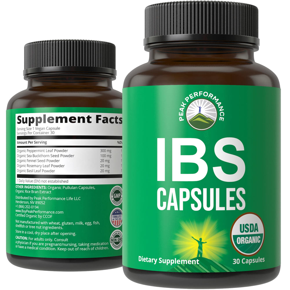 Peak Performance IBS capsules bottle offers gentle digestive support for adults.