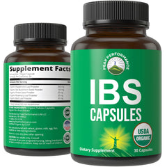 Peak Performance IBS capsules bottle offers gentle digestive support for adults.