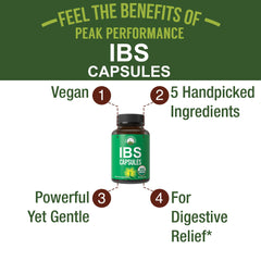 Peak Performance IBS capsules closeup shows capsules ready for daily use.