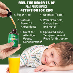 Peak Performance Kids Focus Drops dropper pouring into juice for easy tasteless dosing