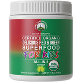 Peak Performance Kids Greens and Reds powder tub, rich organic ingredients for daily nutrition.