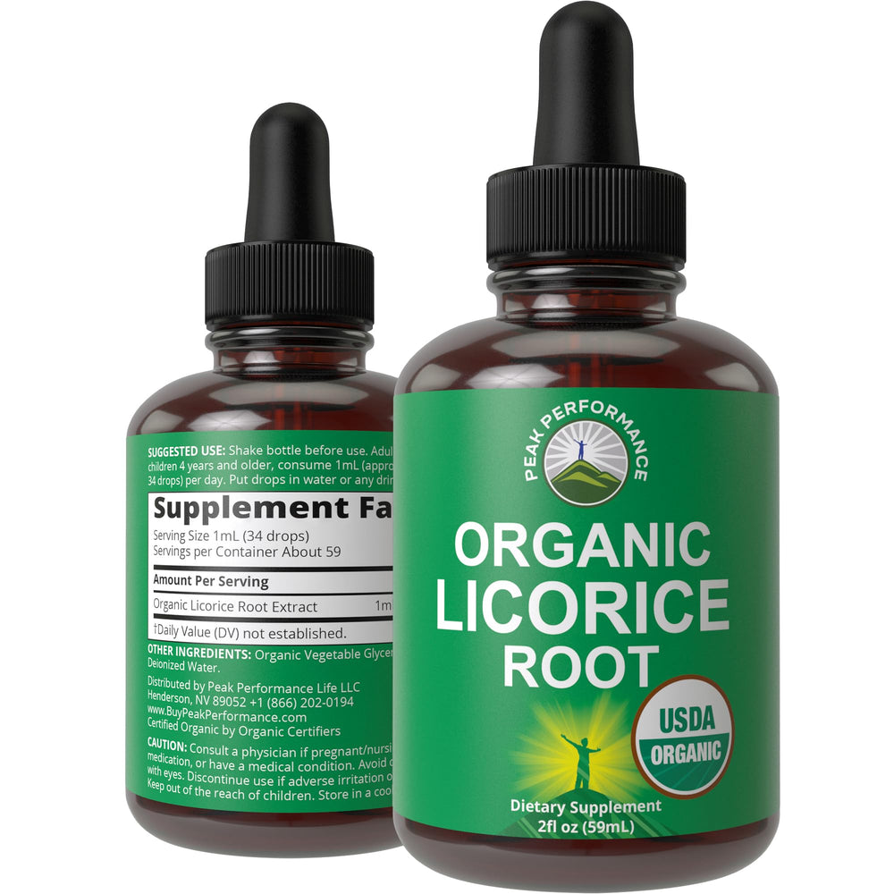 Peak Performance licorice root drops bottle showing organic tincture for digestion and throat comfort.