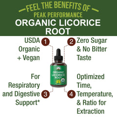 Label close-up of Peak Performance licorice root drops highlighting USDA Organic status.