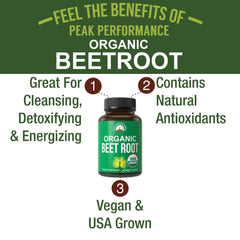 Peak Performance organic beetroot powder capsules closeup highlighting nutrient rich formula