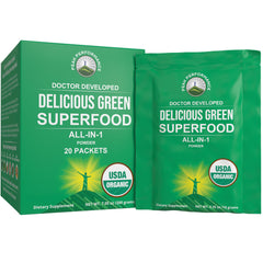 Peak Performance Organic Greens packet front for on-the-go energy and nutrition.