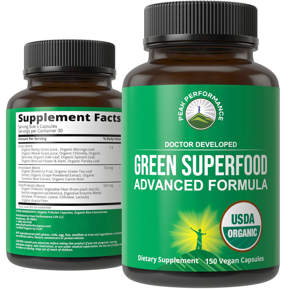 Peak Performance Organic Super Greens bottle front for daily greens boost.