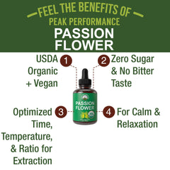 Peak Performance passion flower drops pour demonstrates easy mixing into tea, juice, or water for convenience.