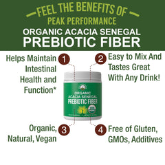 Peak Performance prebiotic fiber scoop dispensing demonstrates convenient mixing for digestive wellness.