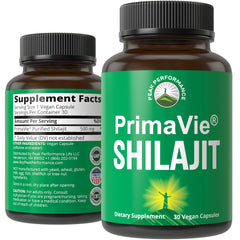 Peak Performance PrimaVie purified shilajit capsules bottle may support mitochondrial energy.