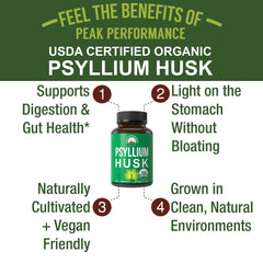 Peak Performance psyllium husk capsules label close-up highlighting organic certification and clean ingredients