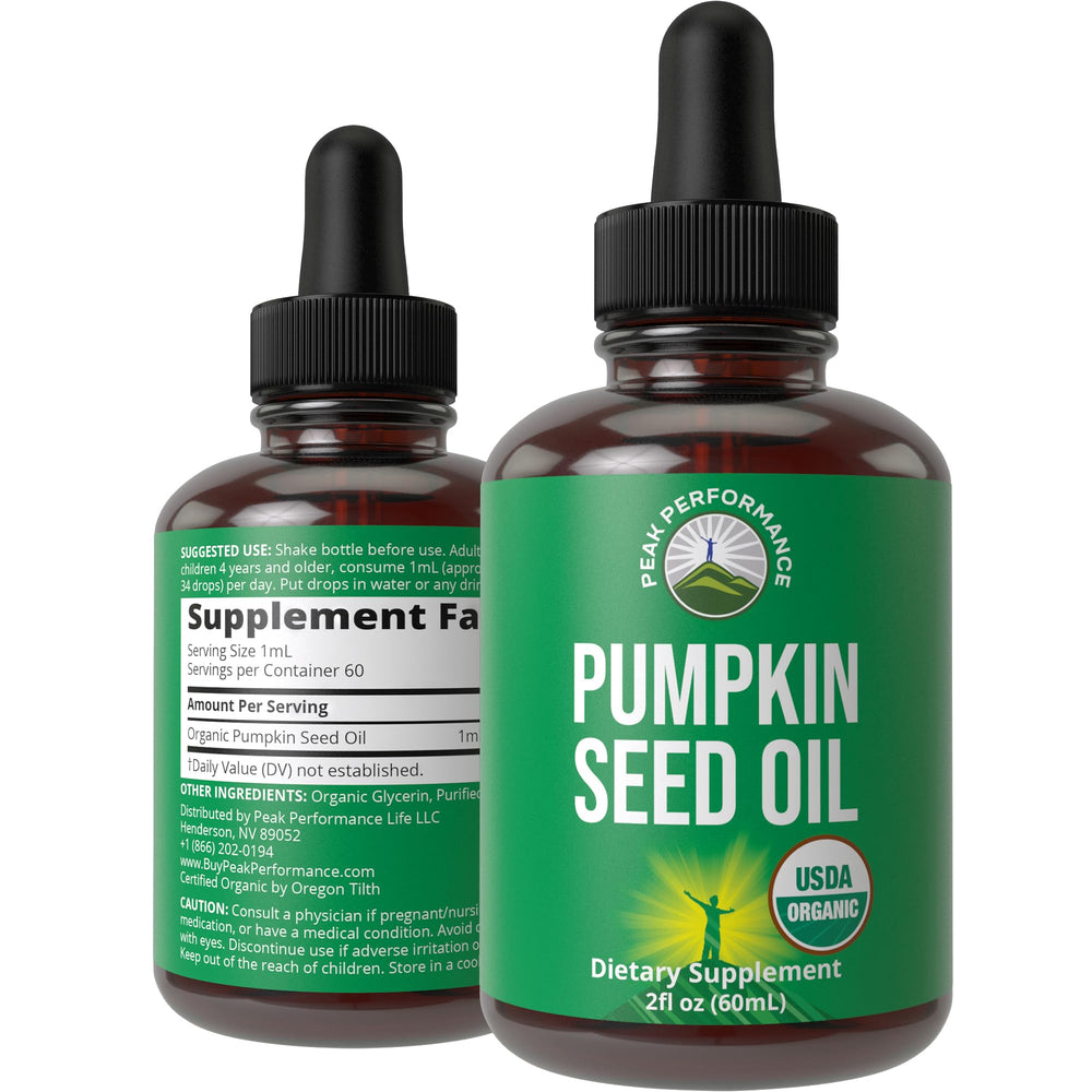 Peak Performance pumpkin seed oil bottle with dropper for easy daily intake and hair health support.
