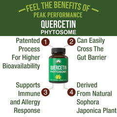 Close-up of Peak Performance quercetin capsules showing easy-to-swallow vegan capsules
