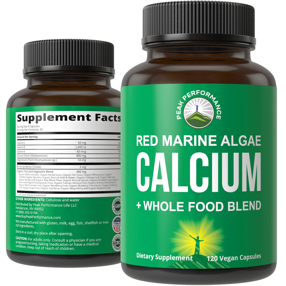 Peak Performance red marine algae calcium bottle—vegan mineral support for bones and joints