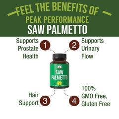 Close-up of Peak Performance Saw Palmetto capsules showing vegan formulation