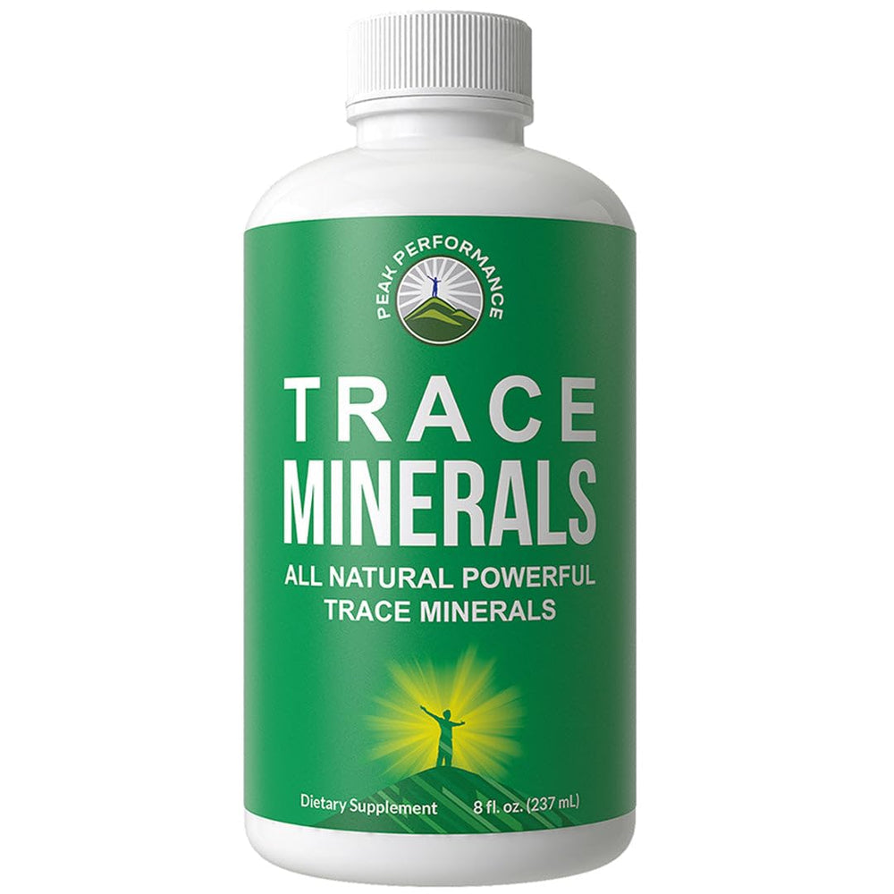Peak Performance trace minerals liquid drops bottle pour for enhanced hydration.