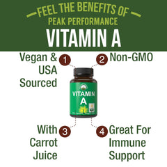 Peak Performance vitamin A capsules close-up highlights high-potency 5000 IU formula for adults and kids.
