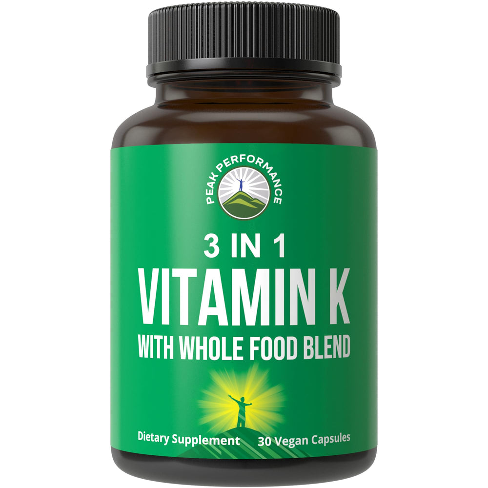 Peak Performance Vitamin K bottle label highlights a 3-in-1 formula for absorption