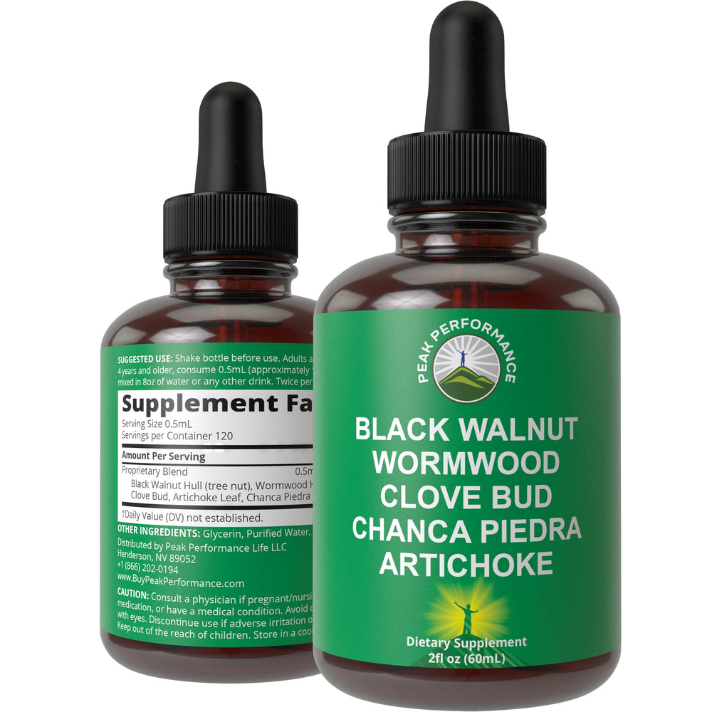 Peak Performance Wormwood Black Walnut Clove Cleanse bottle for gentle digestive support