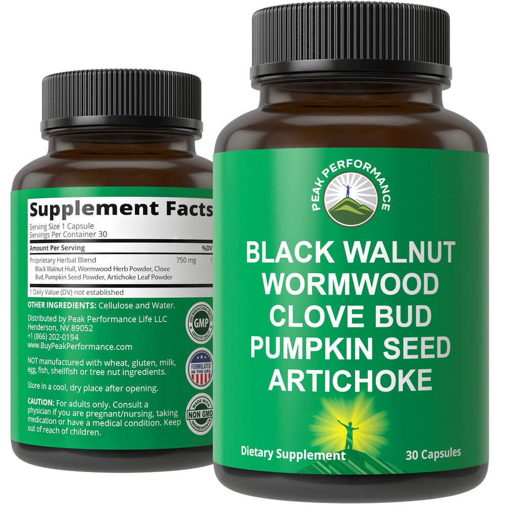 Peak Performance Wormwood bottle front highlighting vegan capsules for digestive support.