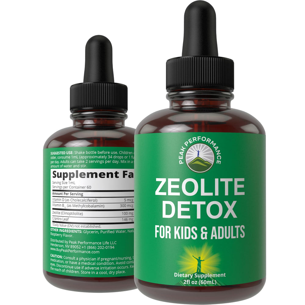 Peak Performance Zeolite Drops bottle closeup with clear liquid suspension for better absorption.