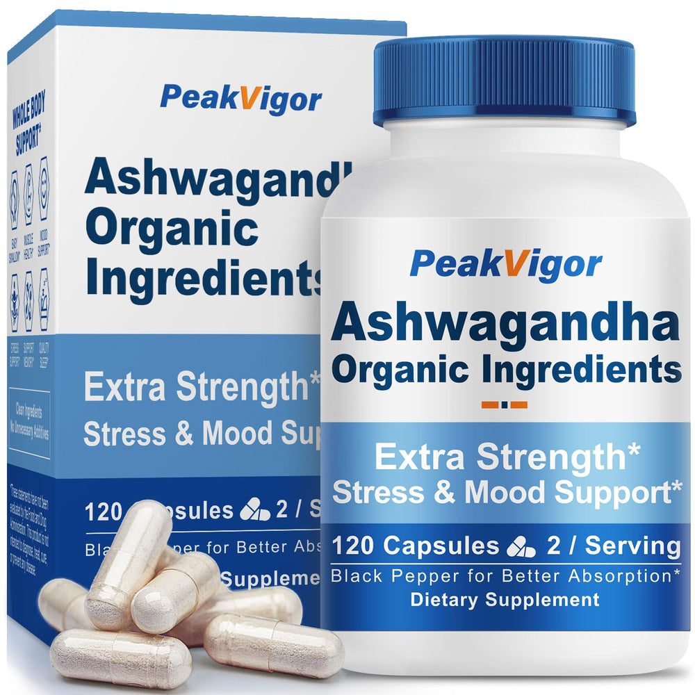 PeakVigor 7000mg ashwagandha bottle close-up highlighting potency for daily support.