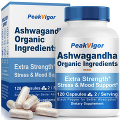 PeakVigor 7000mg ashwagandha bottle close-up highlighting potency for daily support.