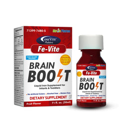 Pediatric FE-Vite Drops bottle front view with natural fruit flavor for kids.