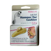 Pedifix hammer toe cushion on left foot—medium—toe tip pressure relief.
