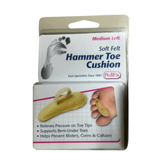 Pedifix hammer toe cushion on left foot—medium—toe tip pressure relief.