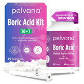 Pelvana boric acid suppositories kit bottle demonstrates a complete 37-piece kit for at-home vaginal care.