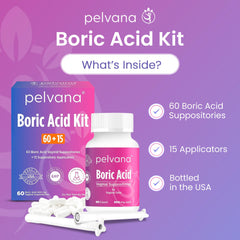 Pelvana boric acid suppositories bottle: third-party lab verified for quality.