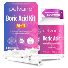 Pelvana boric acid suppositories packaging: convenient kit for on-the-go freshness.