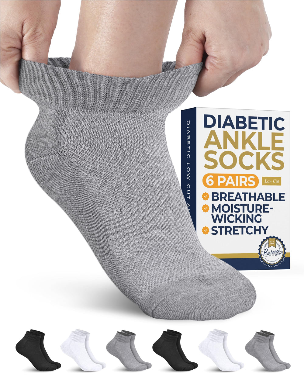 Pembrook ankle diabetic socks pack front view for all-day comfort