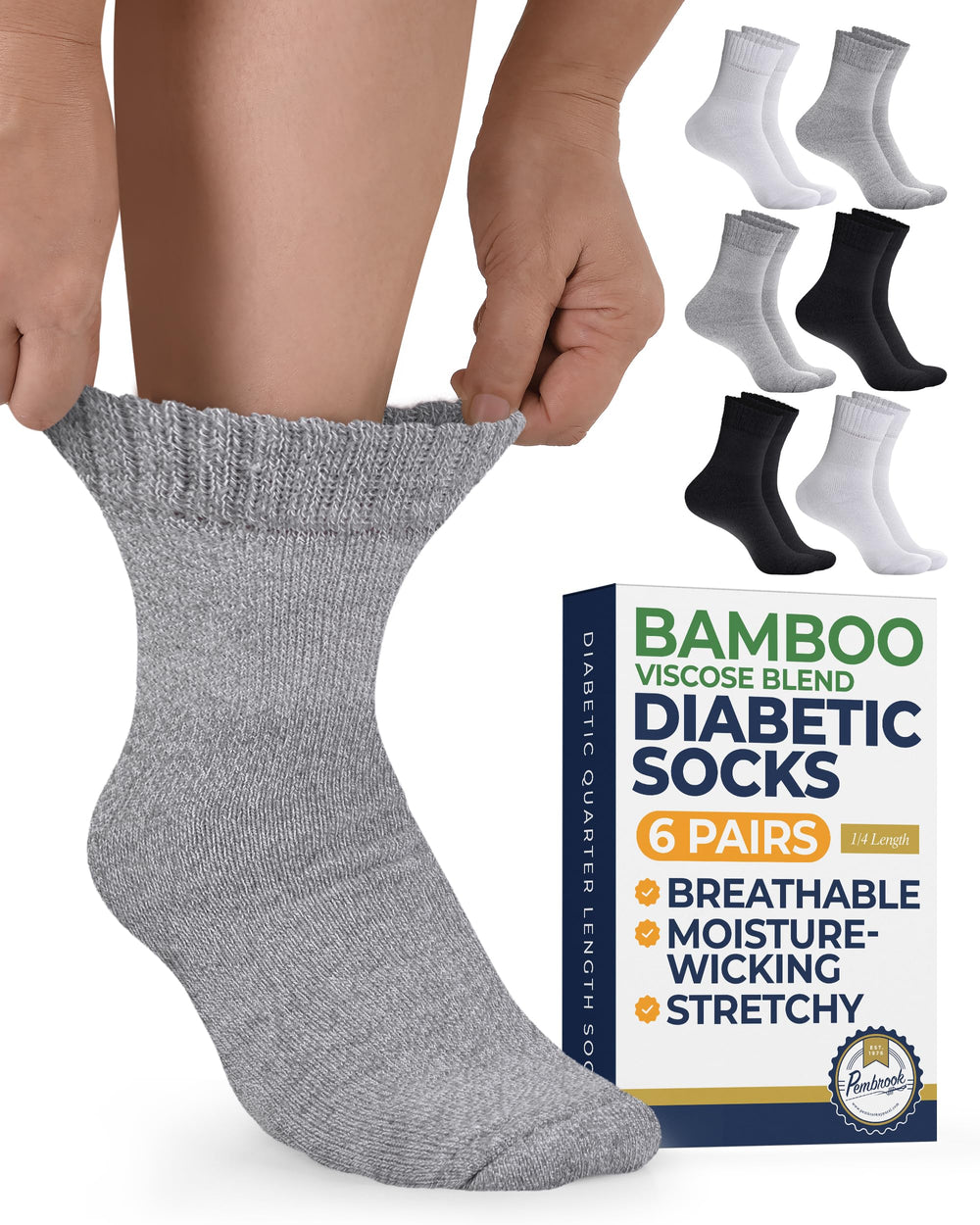 Pembrook bamboo viscose diabetic socks with seamless ankle for all-day comfort.