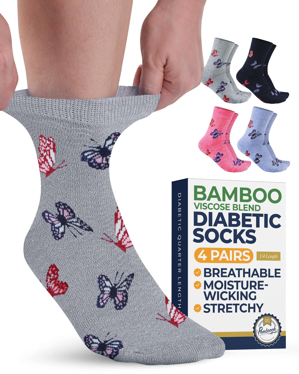 Pembrook diabetic socks with a butterfly pattern in black, providing all-day comfort.