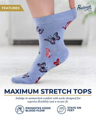 Pembrook diabetic socks with a butterfly pattern in gray, breathable moisture-wicking wear.