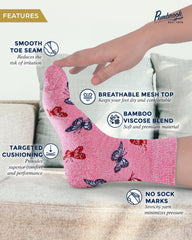 Pembrook diabetic socks with a butterfly pattern in pink for gentle foot support.