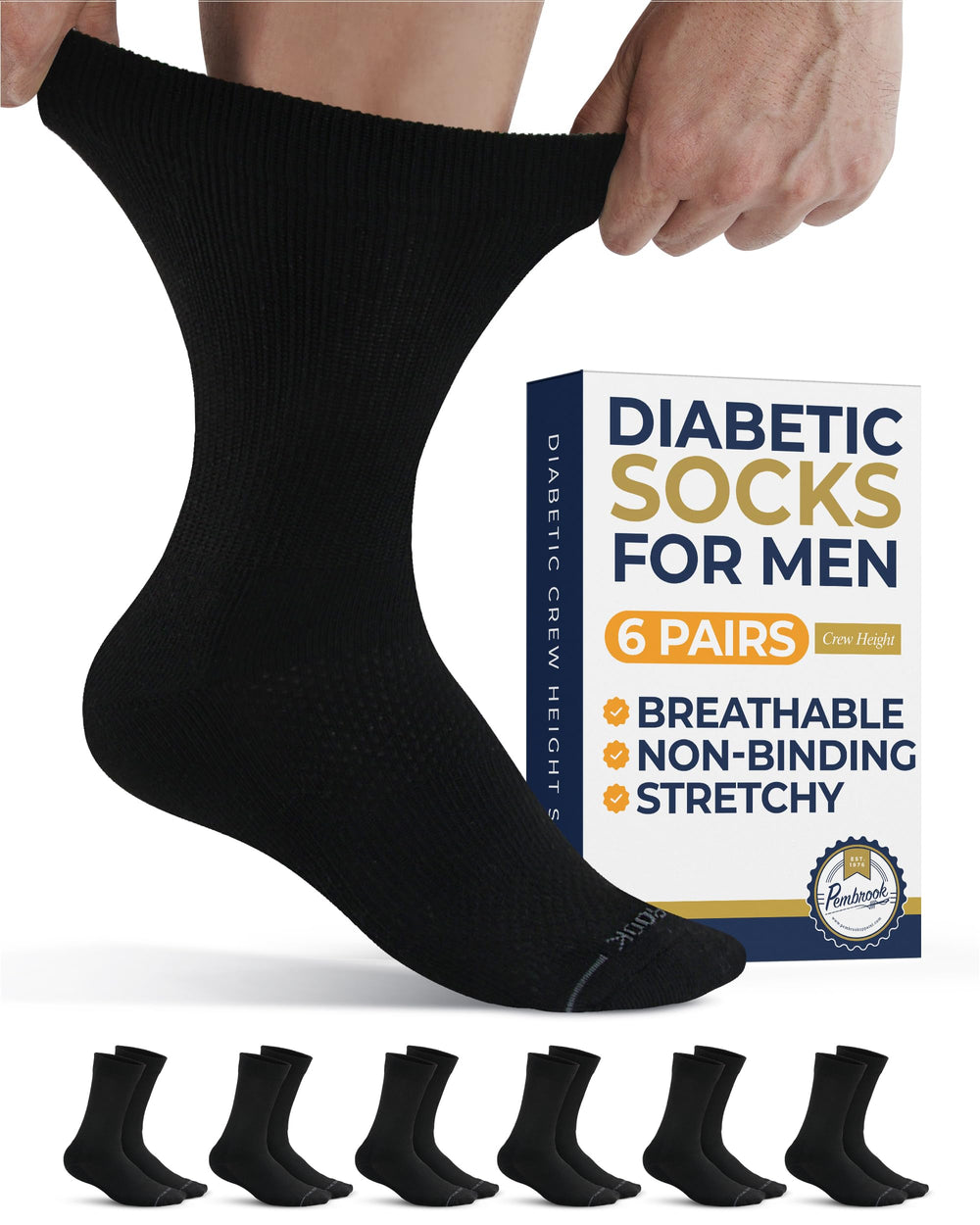 Pembrook diabetic socks for men, black crew style, designed for all-day comfort.