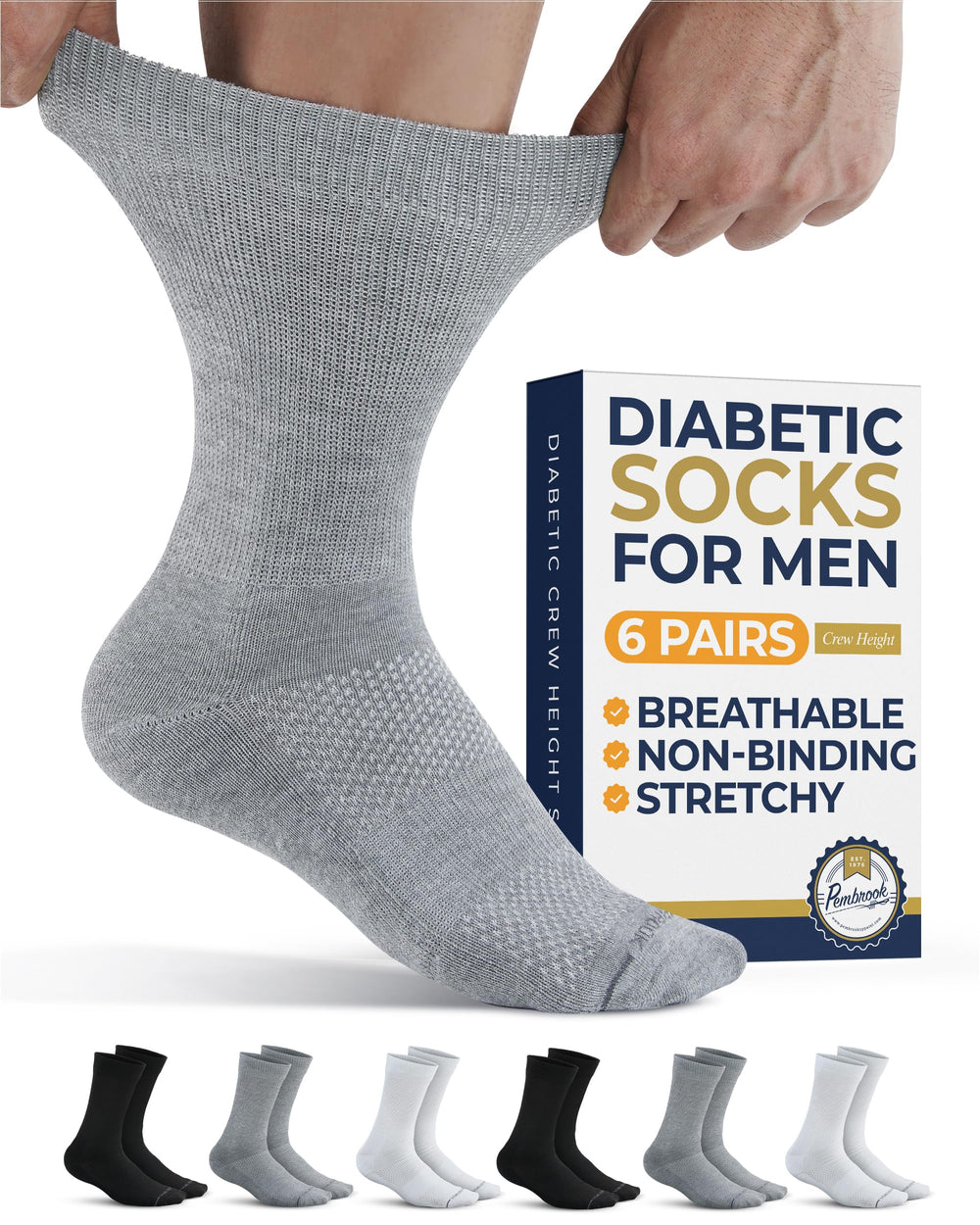 Pembrook diabetic socks for men, front view, ultra-soft and breathable for all-day comfort.