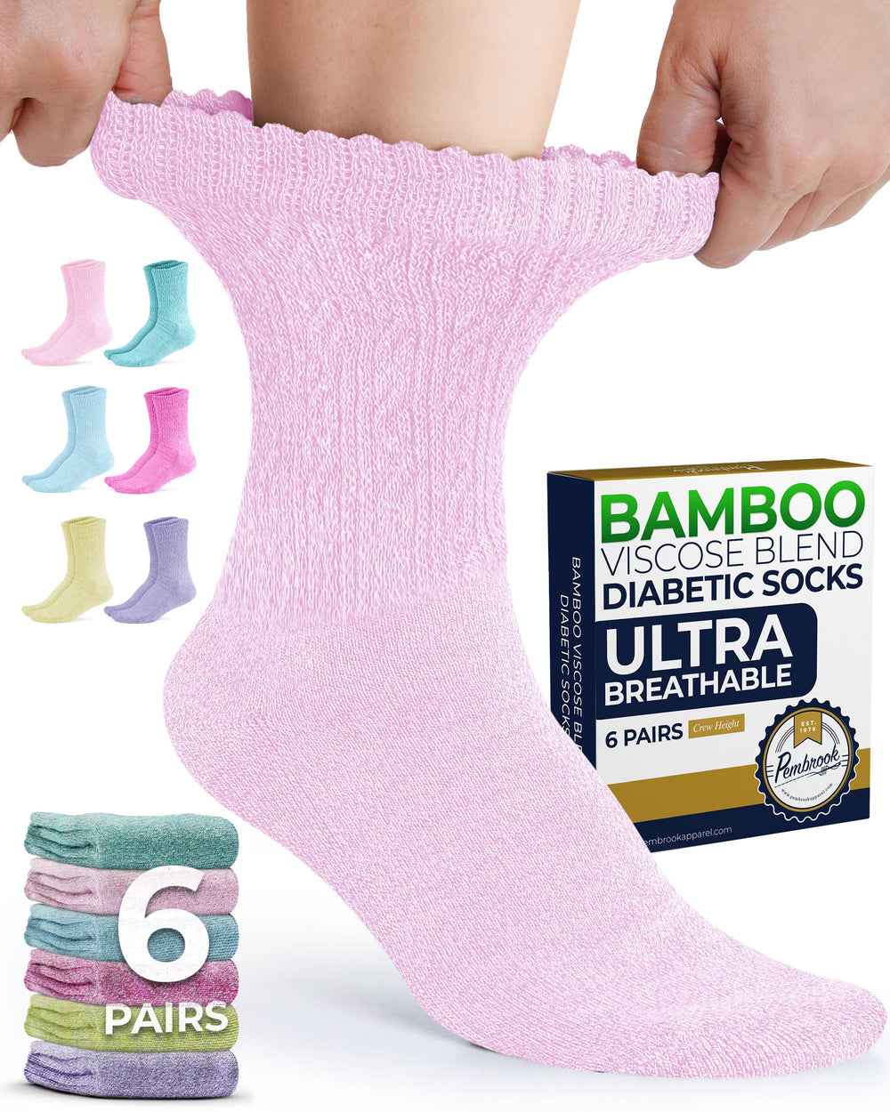 Pembrook diabetic socks for women pack shot showing six pastel colors for everyday comfort.