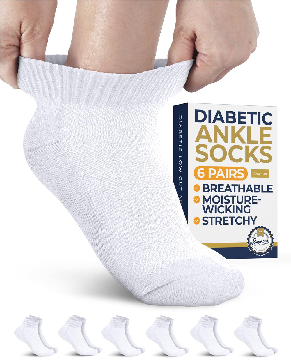 Pembrook white diabetic socks close-up with stretch top for comfort