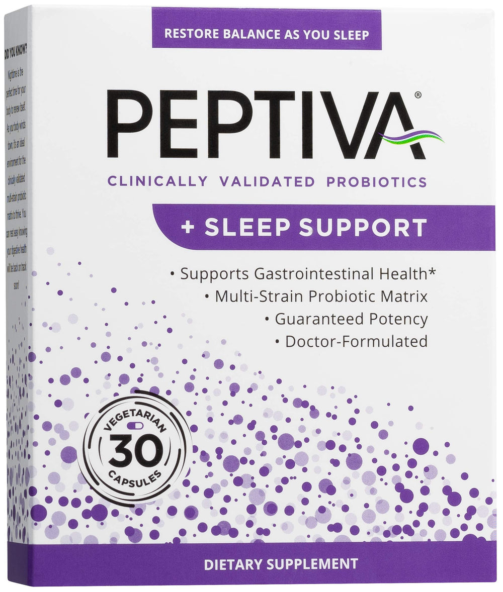 Peptiva bottle shows digestive probiotic formula for daily support.